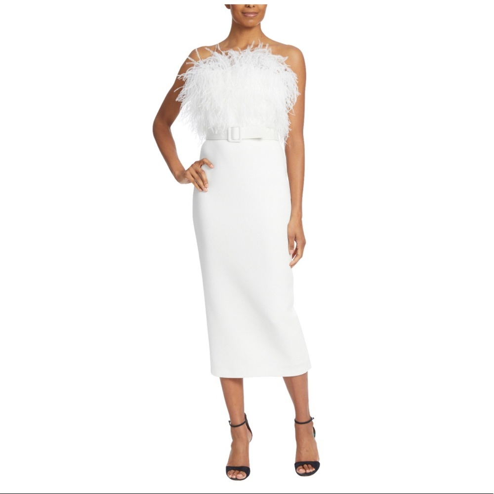BADGLEY MISCHKA Feather Belted Midi Dress in WHITE